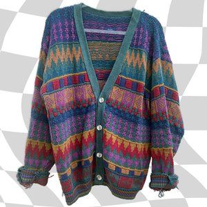 Vintage 80s Colorful Chunky Button Down Sweater Cardigan Made in USA